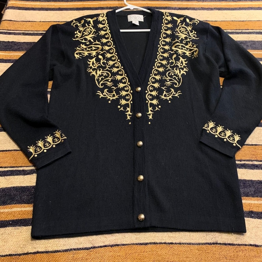 Casual Corner Vintage Black Gold Embroidered Wool Blend Cardigan Sweater Large